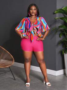 Slaydiva 2 stuks/set 2025 lente/zomer nieuwe crop top met strik op de borst en effen gekleurde op maat gemaakte fuchsia shorts, plus size vakantie-outfit