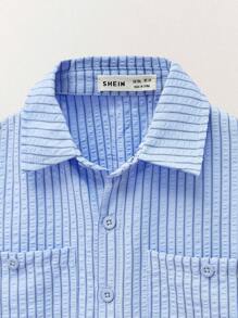 THE HAPPY LOOK 男童字母条纹长袖单排扣休闲口袋衬衫，秋季 - 藍色 - 查看 4
