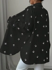 Rafferiza 粉色蝴蝶印花休闲衬衫，简约时尚，适合日常穿着 - 黑色 - 查看 2