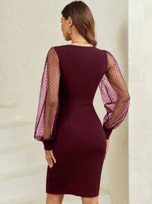 SHEIN Clasi Women's Polka Dot Mesh Puff Sleeve Bodycon Dress - Burgundy - View 2