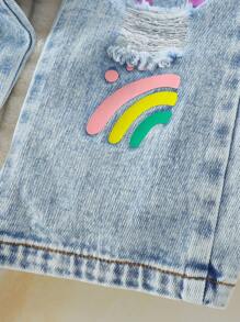 SHEIN Playful Pals 女婴翻领上衣和时尚做旧印花裤套装 - 紫色 - 查看 8