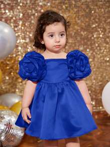 SHEIN Babygirl Ruffled Puff Sleeve Knitted Dress With 3D Floral Decor, Suitable For Party, Baby Shower