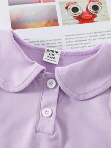 SHEIN Playful Pals 女婴翻领上衣和时尚做旧印花裤套装 - 紫色 - 查看 4