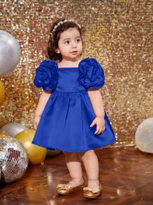 SHEIN Babygirl Ruffled Puff Sleeve Knitted Dress With 3D Floral Decor, Suitable For Party, Baby Shower