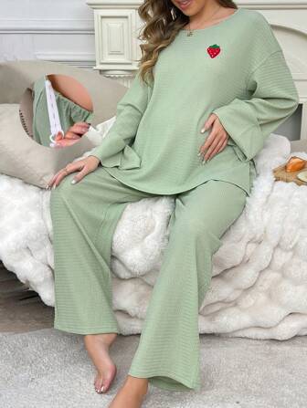 草莓刺绣可调节腰部女士宽松休闲长袖长裤孕妇家居服，春秋