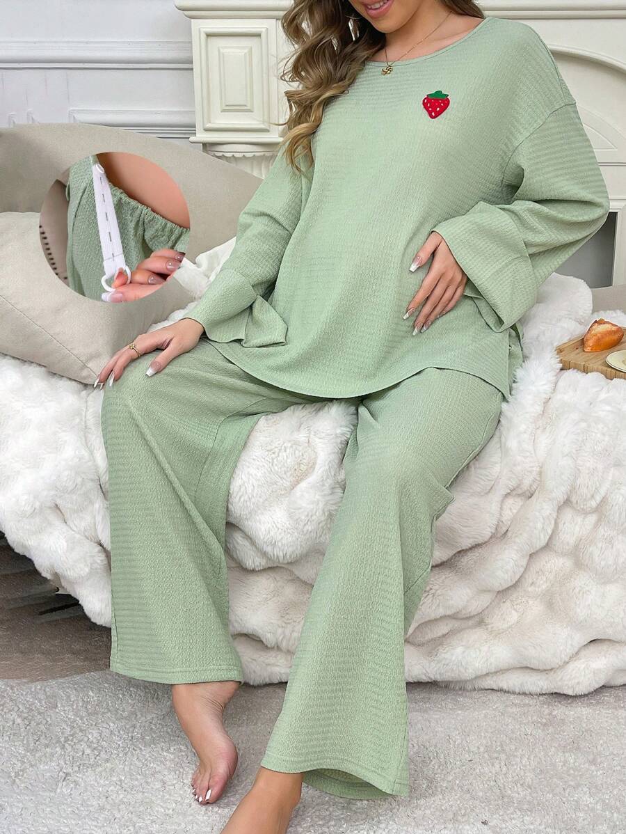 草莓刺绣可调节腰部女士宽松休闲长袖长裤孕妇家居服，春秋