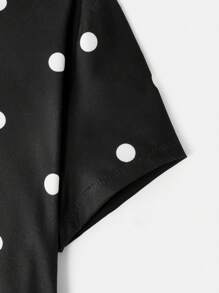 SHEIN Women Polka Dot Print Round Neck Short Sleeve Knotted Waist Casual T-Shirt - Black and White - View 4