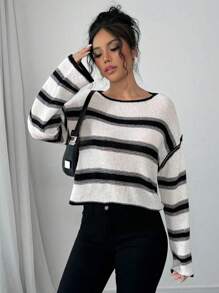 SHEIN Unity Suéter de mujer casual de manga larga con hombros caídos y bloques de color a rayas, suéter de punto de otoño/invierno - Albaricoque - Ver 5