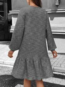 SHEIN LUNE Women Casual Waffle Crew Neck Ruffle Trim Long Sleeve Dress Business Casual Woman