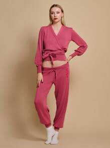 TryMe Women Lace-Up Long Sleeve Casual Top And Pants Set - Hot Pink - View 3