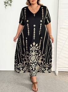 SHEIN CURVE+ Women's Plus Size Casual Retro Printed Dress For Summer - Black - View 3