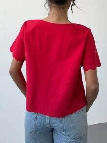 SHEIN Essnce 情人节红色短袖衬衫女春夏宽松休闲前后系带蕾丝衬衫上衣 - 紅色 - 查看 2