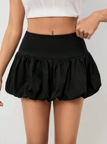 SHEIN Tall Ladies' Solid Color High Waist Ruffle Mini Bubble Skirt - Black - View 5
