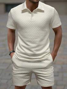 Manfinity Homme Manfinity Men's Jacquard Short Sleeve Polo Shirt And Pocket Shorts 2 Pieces Set, Men Two Pieces Outfits, Jacquard Fabric