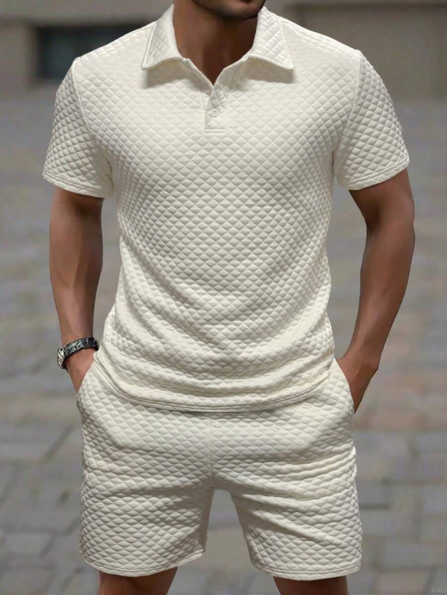 Manfinity Homme Manfinity Men's Jacquard Short Sleeve Polo Shirt And Pocket Shorts 2 Pieces Set, Men Two Pieces Outfits, Jacquard Fabric