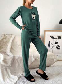 RueChic 100%Cotton Embroidery Cartoon & Letter Pattern Lounge Set - Green - View 5