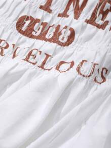 FRIFUL Damen T-Shirt mit Buchstaben-Muster und Raffung Design, lässiges Sommer Top, süße Oberteile, bedrucktes T-Shirt