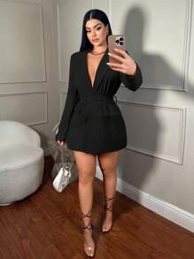 SHEIN SXY 冬季橙色口袋腰带女士西装外套 - 黑色 - 查看 4