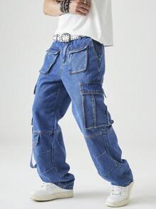 Chillumni Men's Simple Loose Multi-Pocket Casual Jeans, For Daily Wear - Medium Wash - View 4