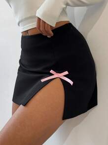 Aloruh Side Slit Contrast Color Bow Decor Romantic Valentine's Date Elegant Skirt, Pink