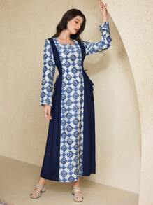 Al Najma 女士花卉印花方领长袖侧系带连衣裙，阿拉伯风，端庄 - 藍色 - 查看 3