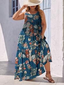 SHEIN VCAY 大码女式波西米亚风花卉印花细肩带连衣裙，适合夏季海滩度假 - 藍色 - 查看 4
