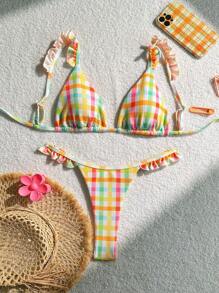 Swim Mod Springbreak 2pcs Set Summer Outfit, Gingham Print Ruffle Strap Triangle Swimwear Top & G-String Bikini Bottoms - Multicolor - View 5