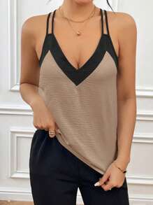 SHEIN Privé 女士黑白撞色肩带背心，适合日常穿着和度假 - 杏色 - 查看 3