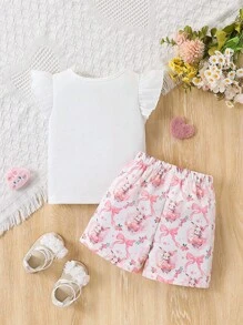Vintaside Kids Baby Girl Cute Bee Print Cap Sleeve Outfit, Comfortable For Outdoor Play In Summer - Multicolor - View 2
