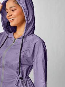 SHEIN 女式长款休闲夹克，带拉链门襟、抽绳腰带和兜帽 - 紫色 - 查看 4