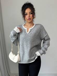 SHEIN Unity Women Lace Trim Detail Sweater, Loose Casual Long Sleeve V-Neck Contrast Color Pullover Knit Pullover Fall Winter Sweater - Grey - View 6