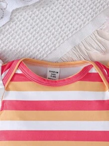 SHEIN 3 件套女婴可爱动物条纹印花连帽袖连体衣，舒适休闲户外夏季服装 - 彩色 - 查看 6