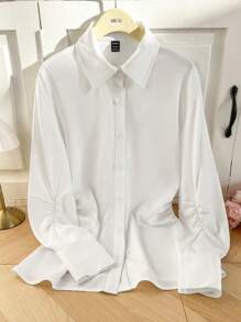SHEIN Unity Camisa de mujer de manga larga con botones, fruncida y de unicolor elegante, adecuada para el uso diario y el trayecto al trabajo - Blanco - Ver 4