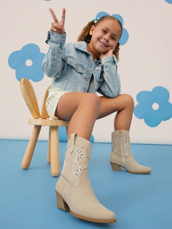 Mini mi Bestseller Kids's Laser-Cut Beige Western Boots – Design de cano médio com bico fino e salto alto para conforto durante todo o dia