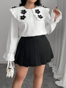 Celure Plus Size Elegant Blouse With Large Lapel, Rivet Cuff, Ruffle Trim