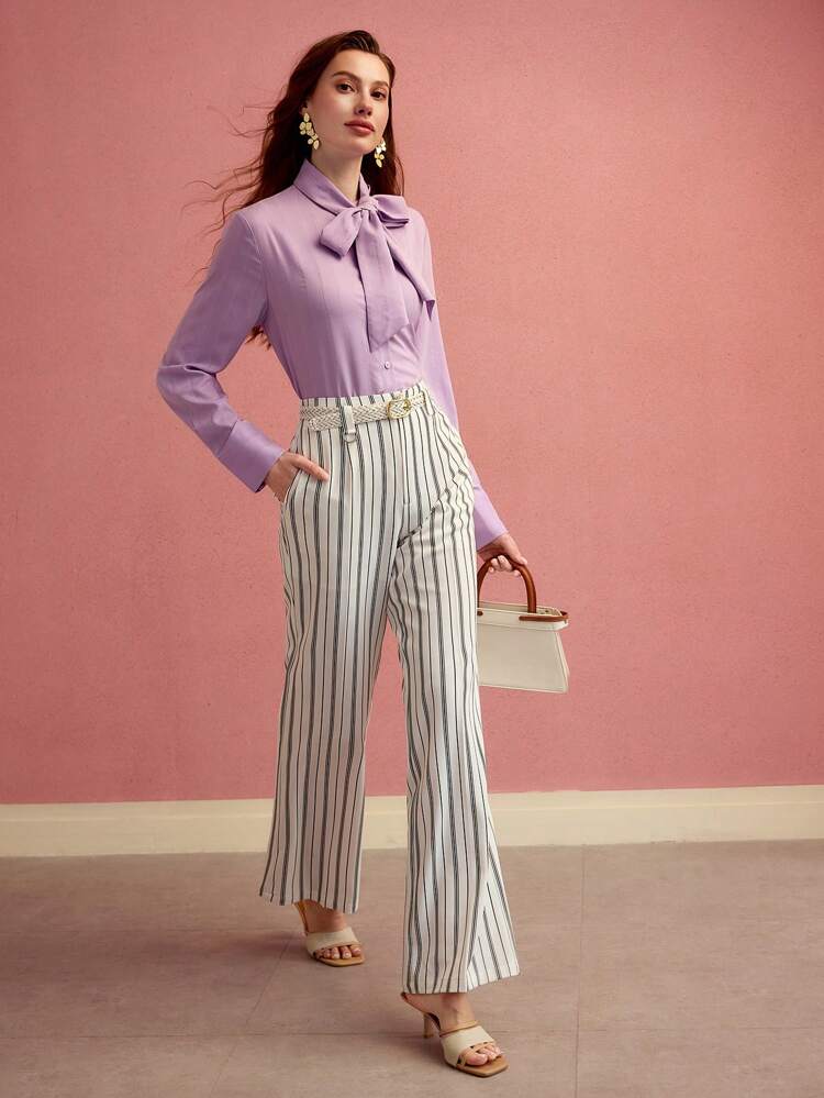 STRIPED SLANT POCKET FLARE LEG PANTS,SPRING/SUMMER