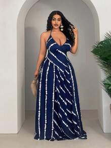 Slaydiva Plus Summer Vacation Tie-Waist Ruched Maxi Blue Dress - Navy Blue - View 4