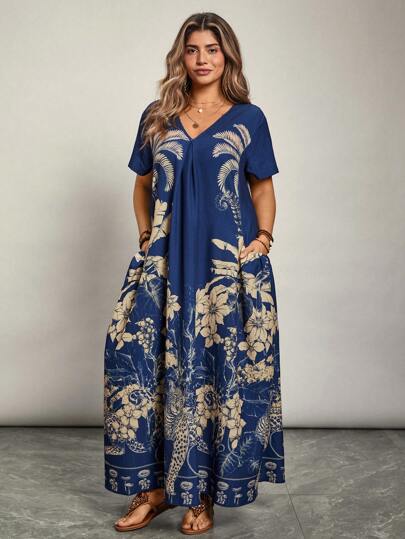 Freevana Vestido de verano con estampado floral, escote en V y manga corta para mujer de talla grande, estilo bohemio