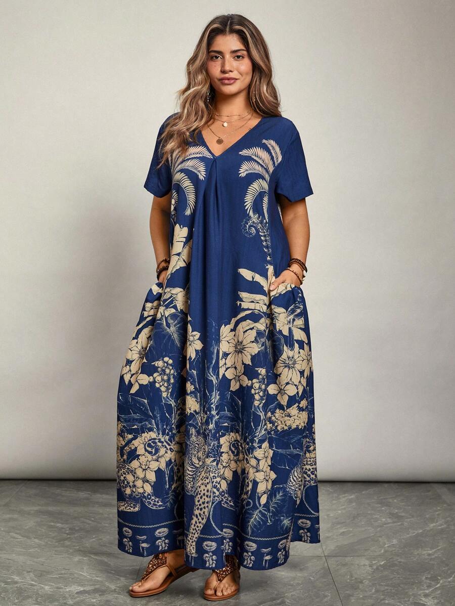 Freevana Váy họa tiết hoa cổ chữ V tay ngắn Boho cỡ lớn cho nữ, mùa hè - Màu xanh lam - Xem 1