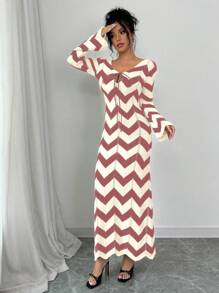 Calvaya Women's Striped Tie-Up Long Sleeve Casual Long Knitted Sweater Dress