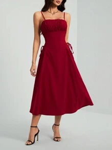 SHEIN Tall Red Date Night Long Dress Ruched Bust Lace Up Side Cami Dress - Burgundy - View 3