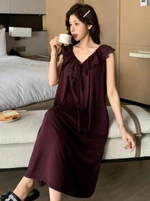 DAZY Knitted Ruffle Lace Panel Sleeveless Casual Dress Loungewear, Moo Moo Pajama - Coffee Brown - View 3