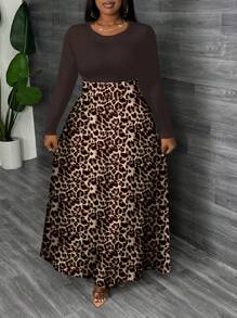 Slaydiva 休闲简约全身豹纹大码连衣裙，秋冬