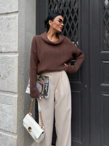 EURMUSE Women Cool Elegant Casual Drop Shoulder Oversize Brown Rib Soft Sweater - Brown - View 7