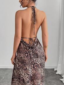 SHEIN Essnce Women's Elegant Leopard Print Long Casual Dress, Minimalist & Fashionable For Daily Wear - Brown - View 1