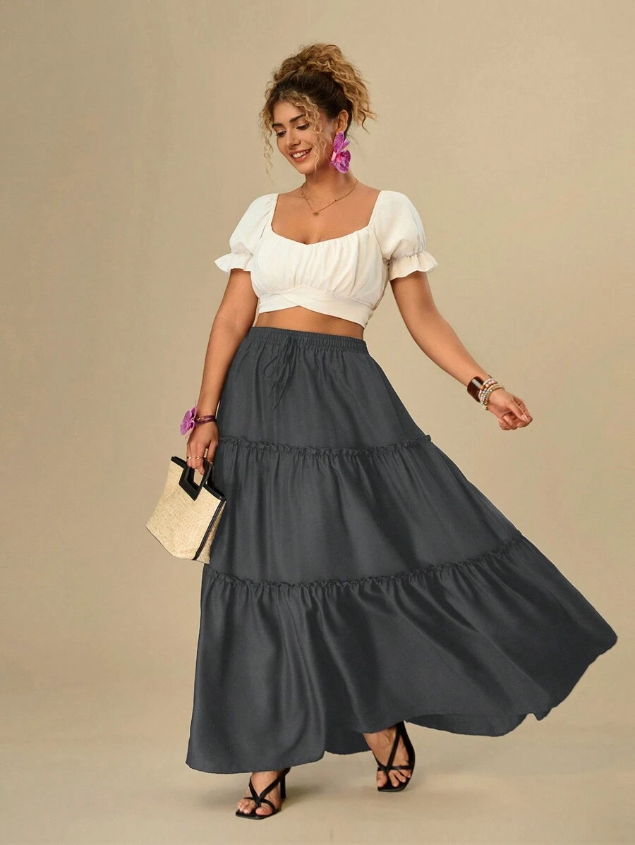 SHEIN VCAY Falda casual en talla grande para mujer con unicolor, lazo en la cintura y bajo con volantes - Gris - Ver 1