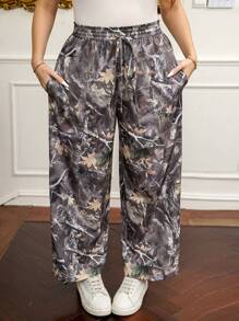 SHEIN LUNE Plus Size Women Autumn/Winter High Waist Camouflage Pattern Loose Long Casual Pants With Side Pockets