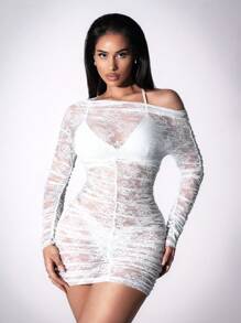 Zolique 女士花卉蕾丝不对称领口长袖透明性感连衣裙 - 白色 - 查看 4