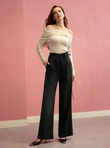 MOTF PREMIUM RHINESTONE CHAIN STEREO FLORAL WIDE LEG SUIT PANTS,VALENTINE'S DAY - Black - View 5