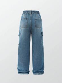 Vintage Street-Style Chic Katzenschnurrbarthandwerk großer Junge vielseitiger Pendler populärer Artikel, einzigartige Umklapptaschen Cargo-Jeans mit großer Tasche - Mittele Waschung - Übersicht 2